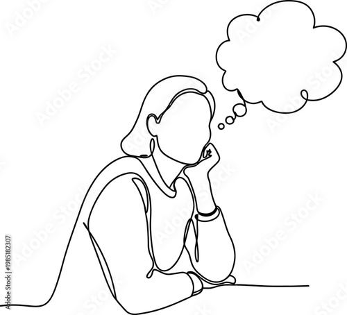 Woman contemplating with empty thought bubble, one line drawing illustration