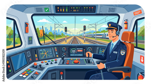 Train Driver Operating Modern Locomotive Control Panel.