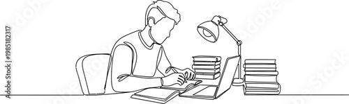 Continuous line drawing of a student studying at a desk with books and a lamp.