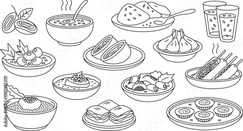 Middle Eastern food set with hummus falafel and various traditional dishes line art