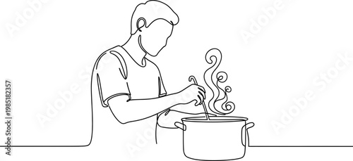 Man cooking food in a pot, steam rising, single line drawing art.