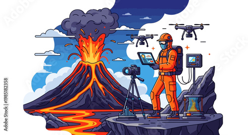 Volcano monitoring scientist with drones and equipment.