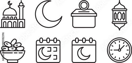 Ramadan and Islamic icon set with mosque crescent moon lantern dates and clock vector