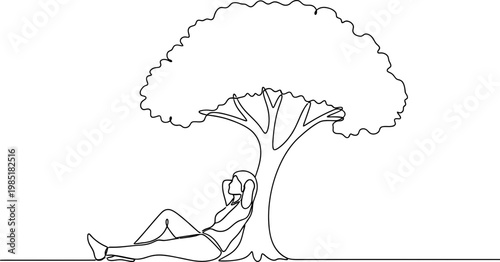 Person relaxing under a tree, single line drawing, minimalist art, peaceful rest