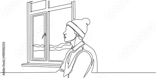 Minimalist line art of a person in a beanie looking out a window at a snowy landscape