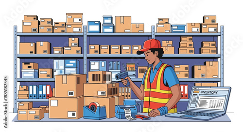 Warehouse worker scanning package with barcode scanner.