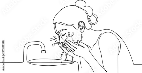 Woman washing face with water from faucet, line drawing illustration