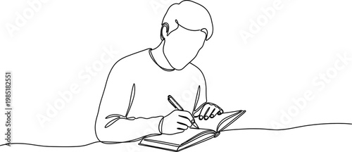 Minimalist line art of person writing in notebook, abstract art, creative process