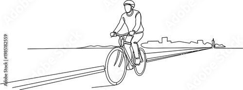 Cyclist on Road with City Skyline in Distance, Line Drawing