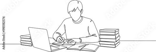 Student studying at desk with laptop, books and notes, line art illustration