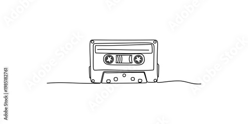 A black and white line drawing of a cassette tape on a white background music