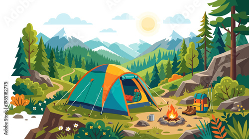 Vibrant Camping Tent Scene with Campfire and Backpack.