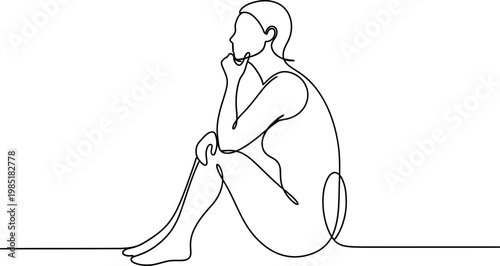 Continuous line drawing of a woman sitting thoughtfully, profile view, minimalist art style