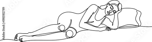 Minimalist continuous line drawing of a woman sleeping peacefully on her side on a pillow.