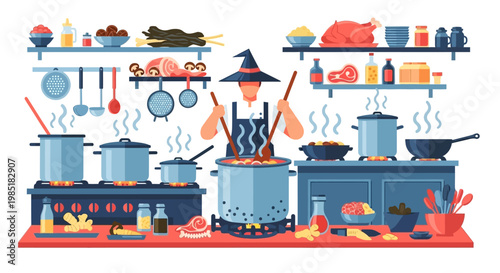 Witch cooking a magical potion in a busy kitchen.