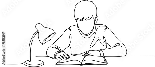 Continuous line drawing of a boy studying at a desk with a lamp and book