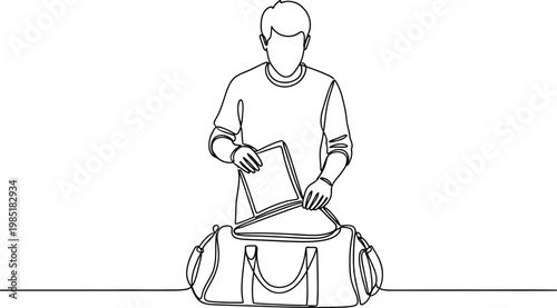 Man Packing Laptop in Duffel Bag, Continuous Line Drawing
