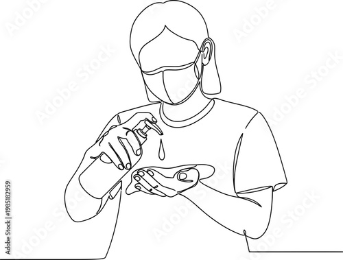 Woman wearing face mask sanitizing hands with liquid soap, continuous line drawing
