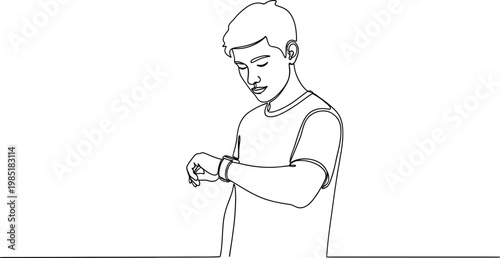 Young man in t-shirt checking smartwatch, line art illustration