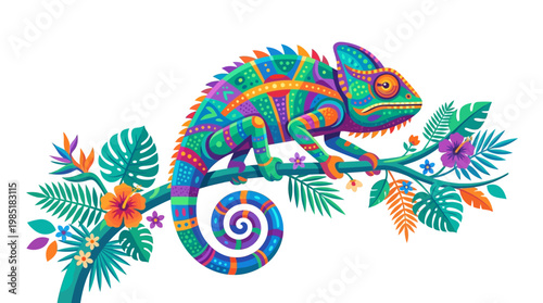 Vibrant Chameleon Perched on a Tropical Branch.