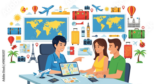 Travel agent assisting a couple with vacation planning.