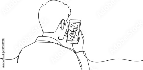 Man on video call, continuous line drawing