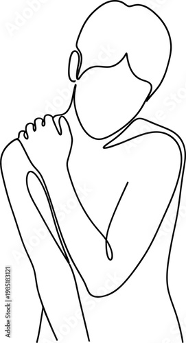 Abstract continuous line art of a person holding their shoulder, representing pain or discomfort.
