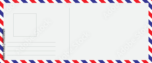 Vintage airmail postcard back template with diagonal blue and red stripe. Travel post card blank backside. Air mail envelope frame with postage place.