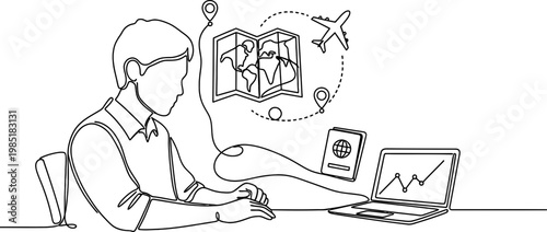 Man planning travel online, dreaming of adventure with map, passport, laptop and airplane.