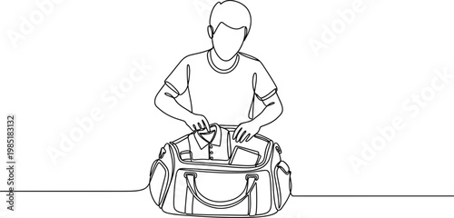 Man packing a duffel bag, continuous line art