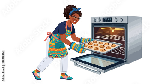 Woman baking cookies in oven wearing apron and oven mitts.