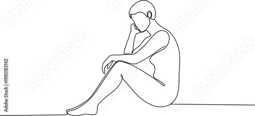 Contemplative figure, minimalist continuous line art, pensive pose, white background
