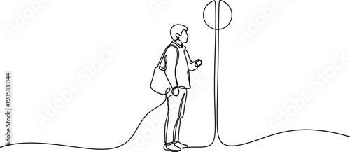 Continuous line drawing of a person waiting at a bus stop with a backpack and phone.