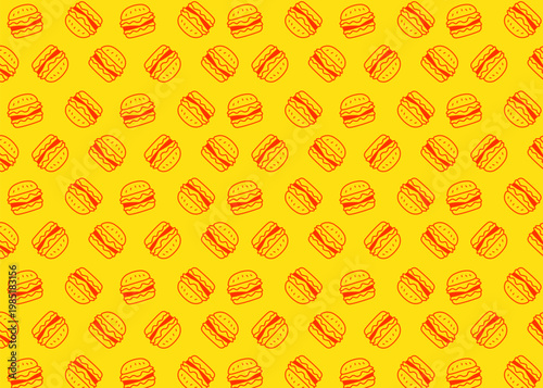 Seamless burger illustration pattern with orange outline and yellow background, food packaging, menu illustration	