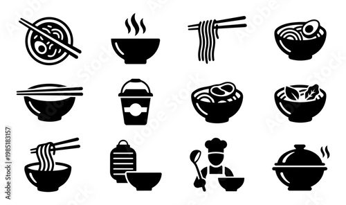 Ramen Icon Set Asian Noodles Japanese Food Bowl Silhouette Collection