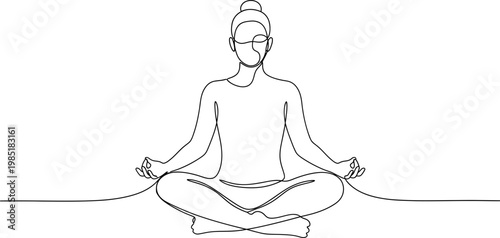 Minimalist continuous line drawing of a person meditating in lotus pose, zen balance.