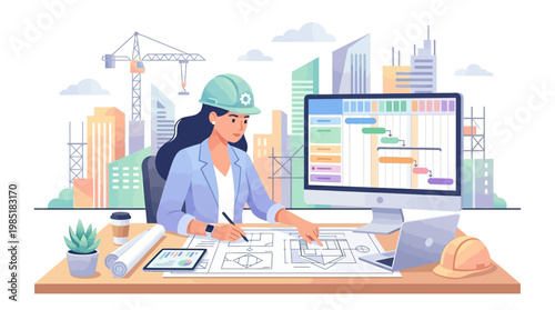 Woman architect working on blueprints at desk with computer.