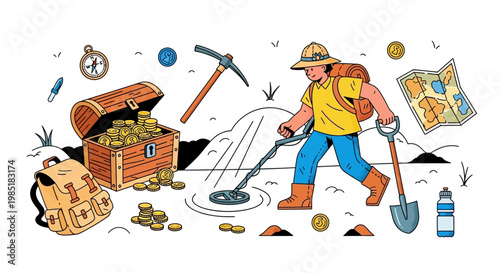 Treasure Hunter with Metal Detector and Chest of Gold.