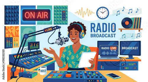 Woman Broadcasting Live on Radio with Headphones and Microphone.