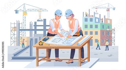 Two architects collaborating on blueprints at a construction site.
