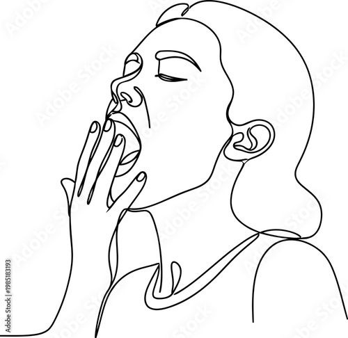 Woman yawning, hand covering mouth, fatigue, tiredness, sleepiness, line art, minimalist style
