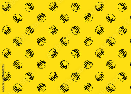 Seamless burger illustration pattern with black outline and yellow background, food packaging, menu illustration	