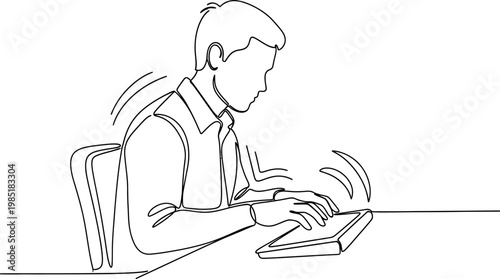 Continuous line drawing of a person typing on a laptop, focused on work or study.
