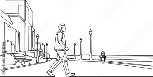 Man walking on sidewalk with buildings and streetlights, continuous line drawing