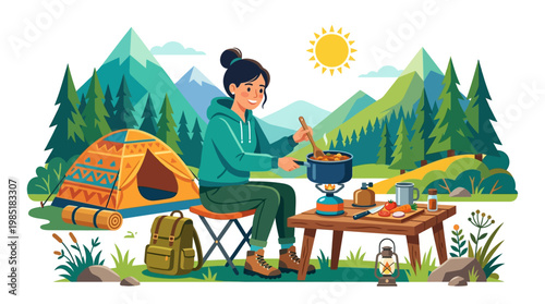 Woman cooking at campsite with tent and mountains.