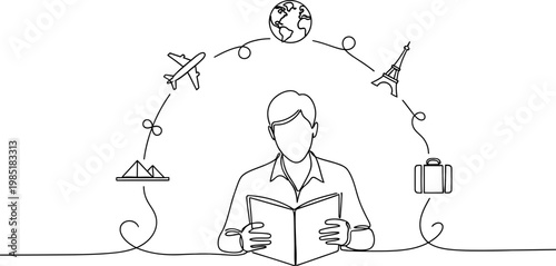 Man Reading Book Inspiring Travel Dreams, Global Adventures Illustrated