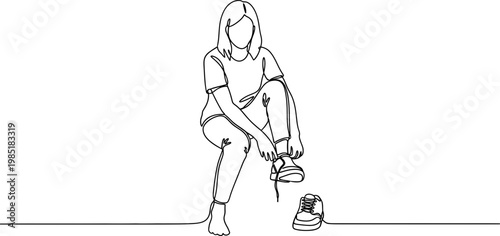 Continuous line drawing of a person tying shoelaces on sneakers, minimalist illustration.