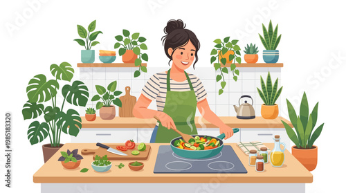 Woman cooking healthy food in a bright kitchen.