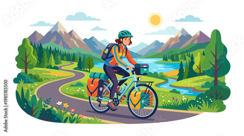 Woman cycling on a scenic road with luggage.