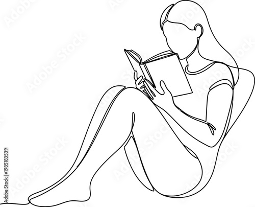 Continuous line drawing of a woman reading a book, minimalist illustration